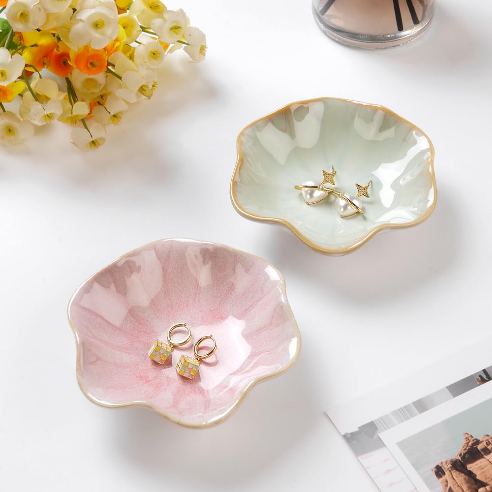 Lotus Leaf Shape Decorative Ring Tray, Small Key Bowl, Ceramic Trinket Tray Jewelry Dish Organizing Necklace Earrings, Home Decoration for Mom Best Friend Sister, Pink.