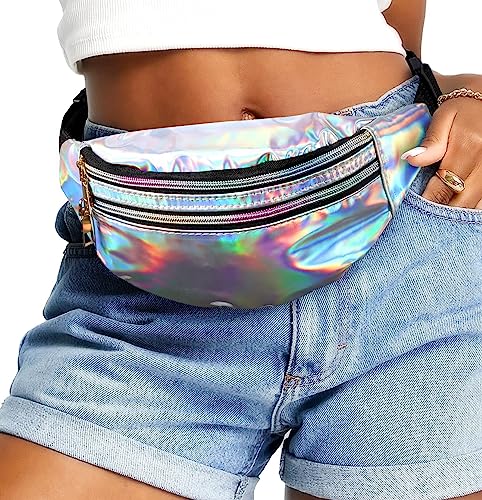 JunD 2 Pack Holographic Waist Bag, Fashion Waist Packs, Waterproof Fanny Pack Festival Accessories, 80s 90s Accessories Bumbags for Ladies for Festival Rave, Travel, Running, Hiking (Silver+Pink)