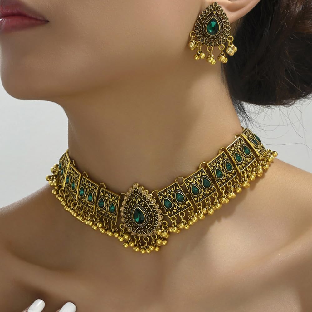 Indian Wedding Bridal Traditional Bohemian Jewellery Set for Women Girls Antique Ethnic Party Prom Wear Statement Necklace Earring Tassel Bollywood Choker Punk Crystal Fashion Gift for Bride (Green)