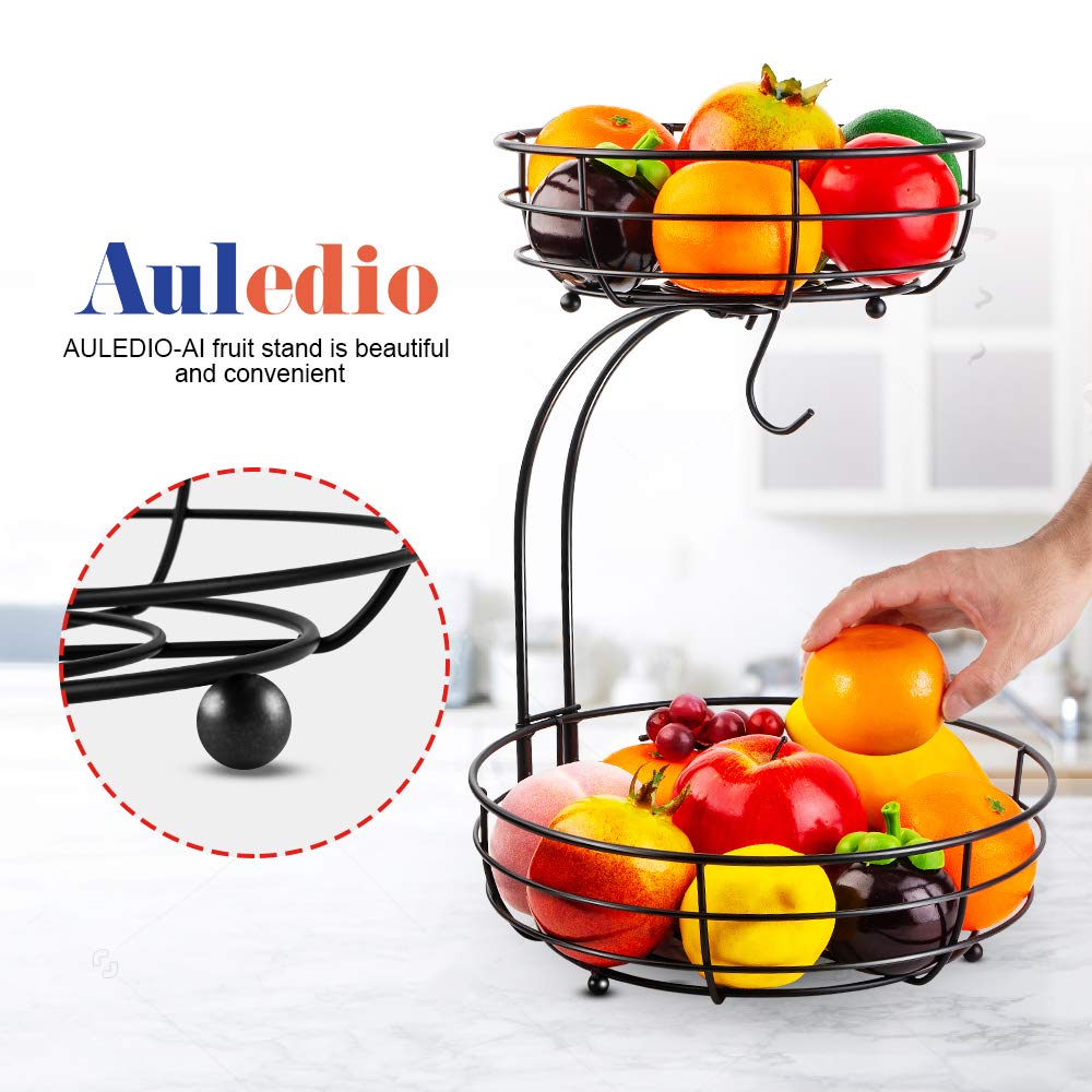 Auledio Iron 2-Tier Countertop Fruit Vegetables Basket Bowl Storage With Banana Hanger, Black, 64 ounces