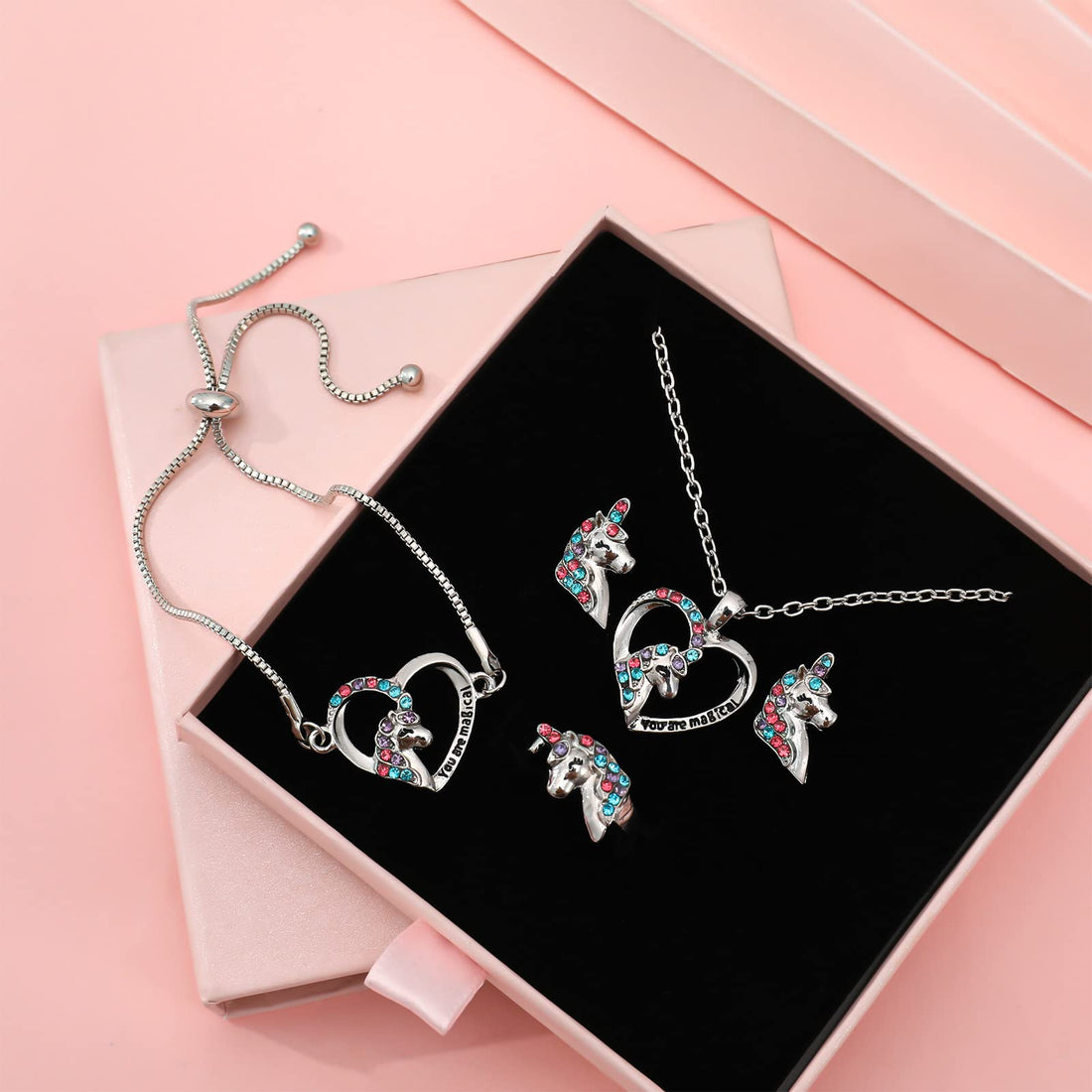 4 PCS Girls Jewelry Set Unicorn Mermaid Necklace Bracelet Set and Earrings