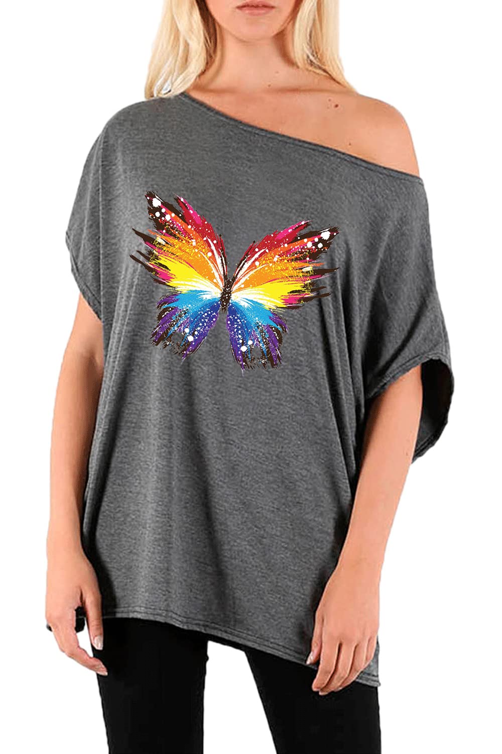 Fashion Star Womens One Shoulder Bardot Basic Baggy Oversized Batwing T Shirt Tee Top Plus Size (UK 16/18) Abstract Butterfly Charcoal