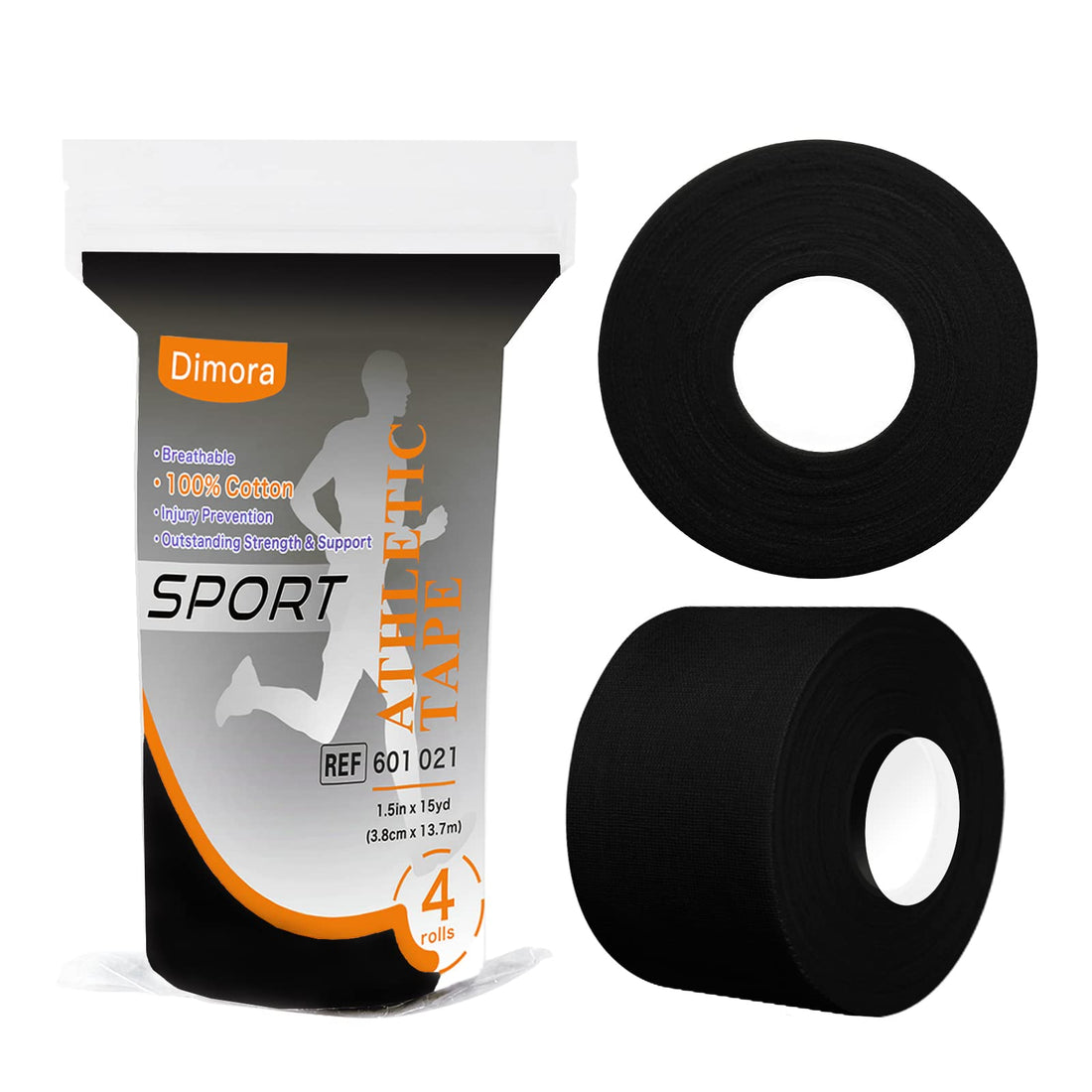 Dimora Black Athletic Tape 4-Pack - 60 Yards Strong Adhesive Sports Tape in Total, NO Sticky Residue Easy Tear, Best Sport Tape for Athletes & Fitness Enthusiasts of All Levels (1.5in X 45ft Roll)