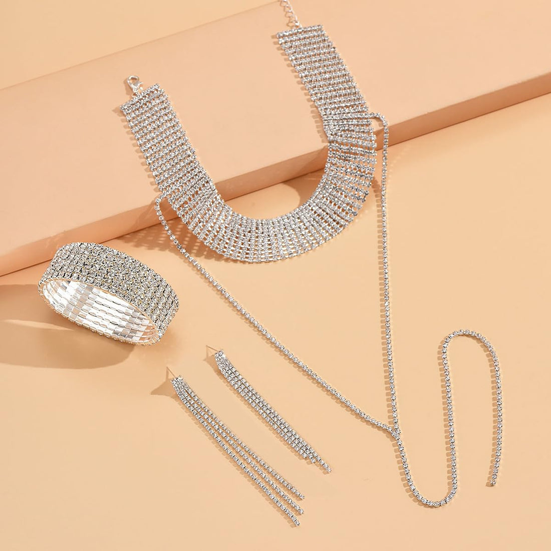 EIELO Rhinestone Jewelry Set for Women Wedding Bridal Silver Clutch Purse Glitter Choker Necklace Tennis Stretch Bracelets Ring Dangle Fringe Earrings Set