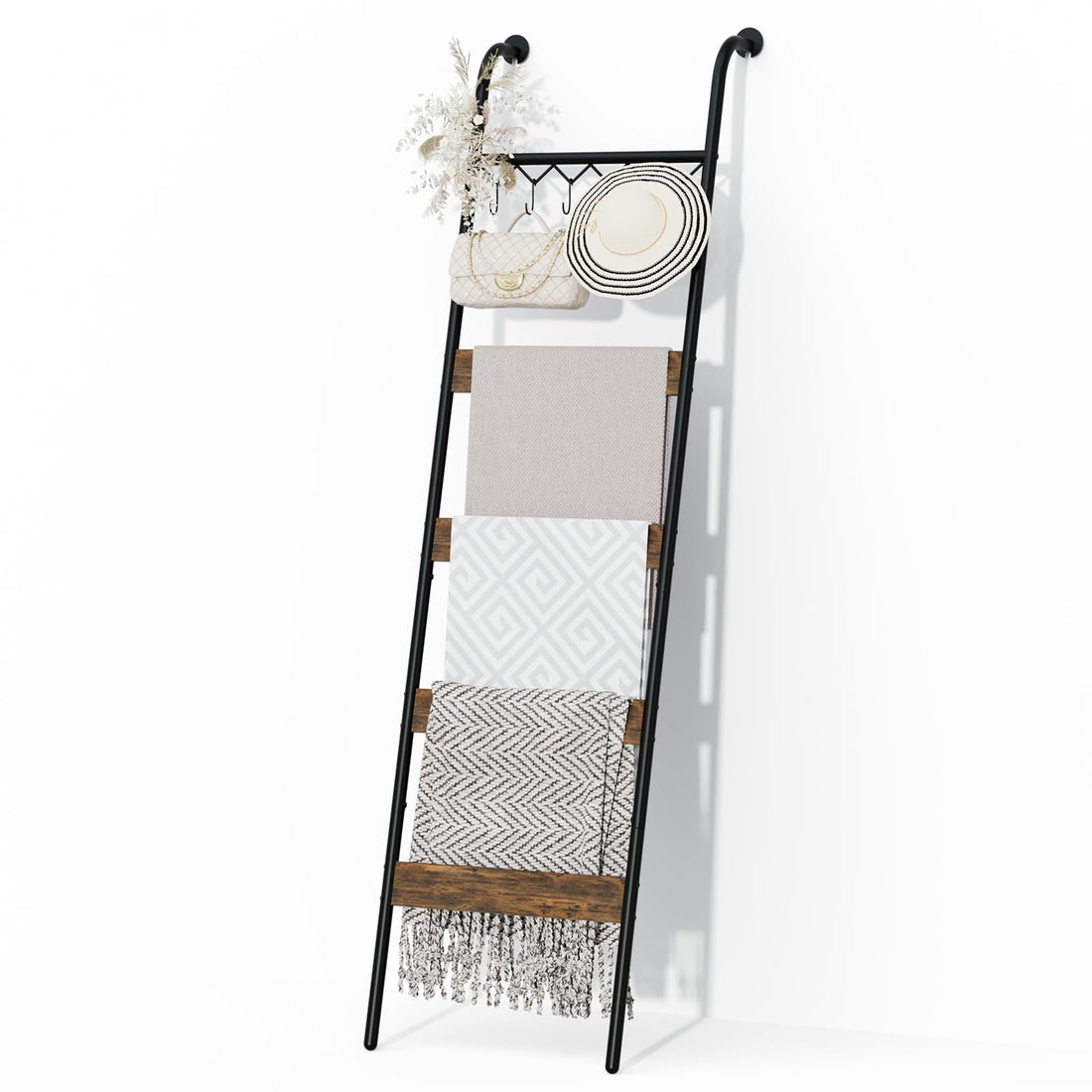 HapiRm Blanket Ladder Towel Rack - 5-Tier Blanket Rack with 6 Removable Hooks, Wall-Leaning Blanket Holder, Decorative Ladder Shelf for Living Room, Bedroom, Bathroom, Home Decor, Rustic Brown