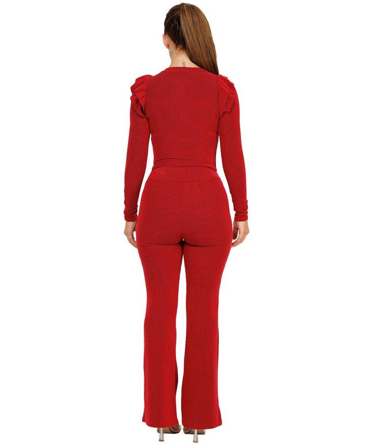 Lexi Fashion Women Ladies Frilled Ribbed Long Sleeve Knit Soft Elasticated Skinny Flare Wide Leg Co ord Loungewear Set Red UK Size M/L-10/12