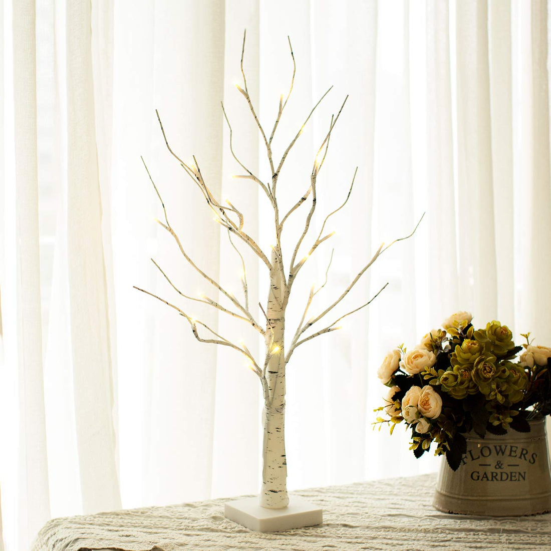 White Twig Tree with Lights 2FT Tabletop Birch Tree with 24 Warm White LEDs Battery Operated