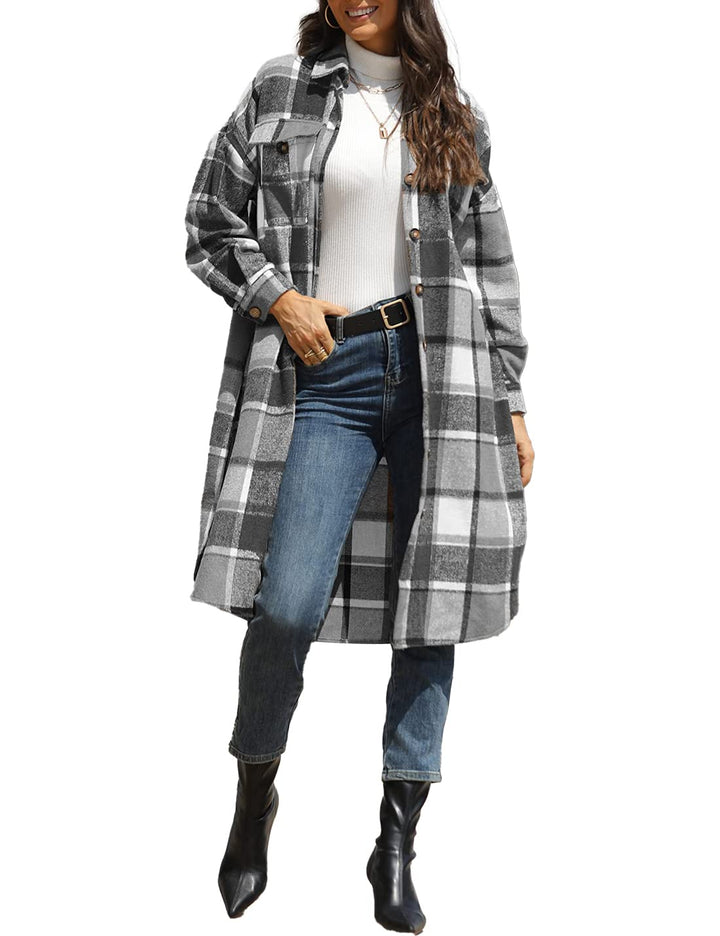 Women's Casual Lapel Wool Blend Long Plaid Shirt Button Down Long Sleeve Jacket