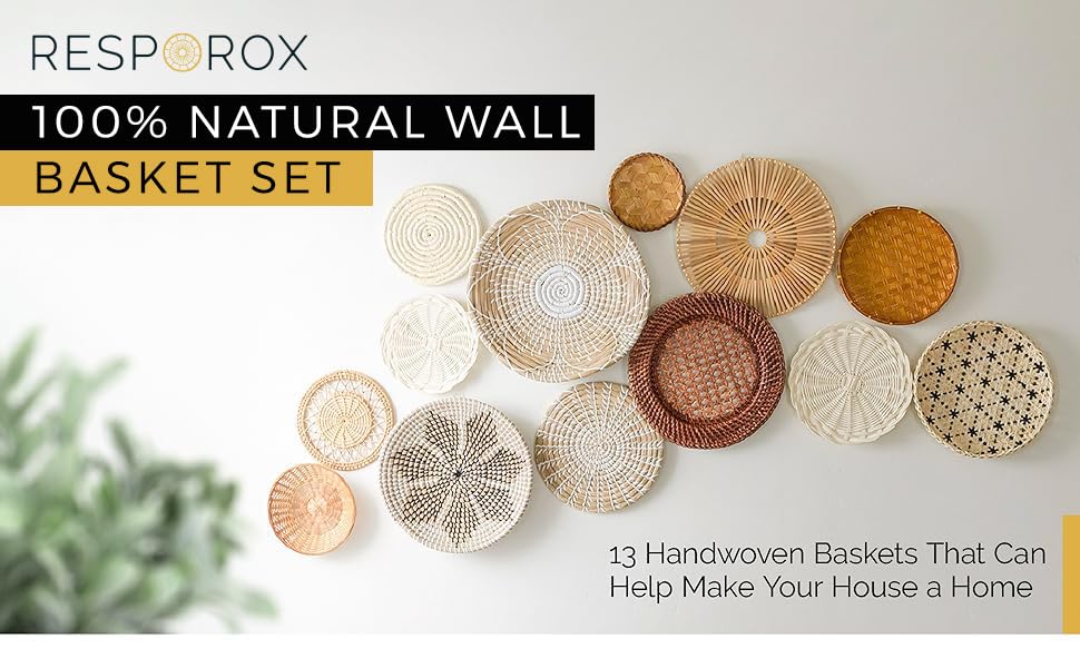 RESPOROX ELEGANCE YOUR WAY Set of 13 Hanging Woven Baskets for Wall Decor - Handcrafted Bamboo, Rattan & Seagrass Baskets come with Hanger Nails, Marking Pencil & Templates