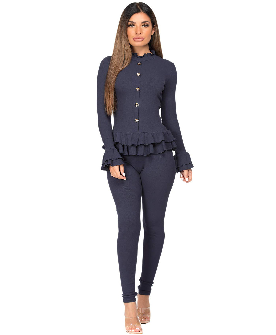 Lexi Fashion Women Ribbed Stretch Long Sleeve Loungewear Set Tracksuit Activewear Frill Ruffle Hem Peplum Gold Button Knit Fit 2 Pc Co-Ord Navy Size M/L