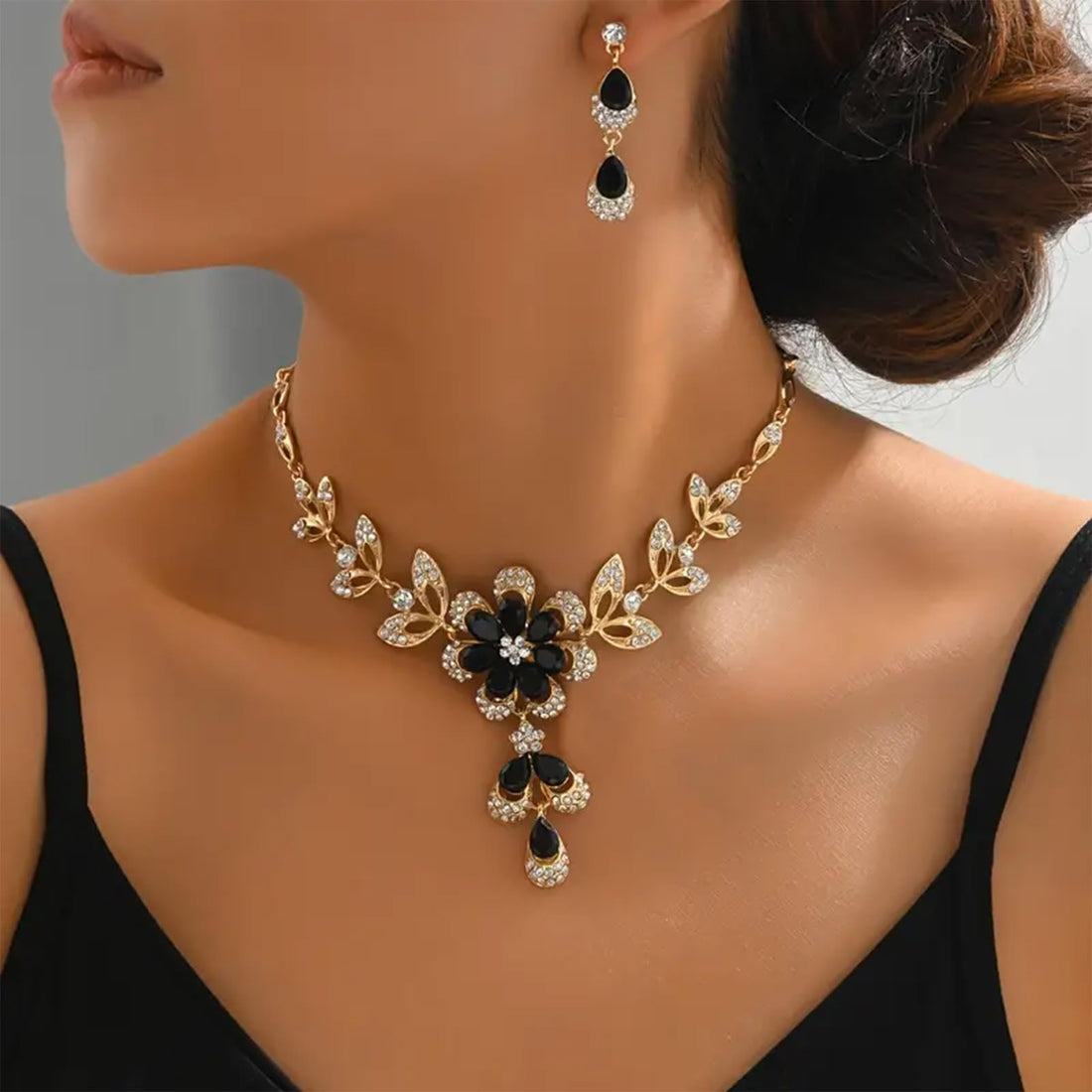 Gold Black Jewelry Sets for Women Trendy Prom Wedding Jewelry Set Black Gold Crystal Flower Necklace Earrings Set Sparkly Black Prom Dresses Formal Accessories Womens Christmas Gifts