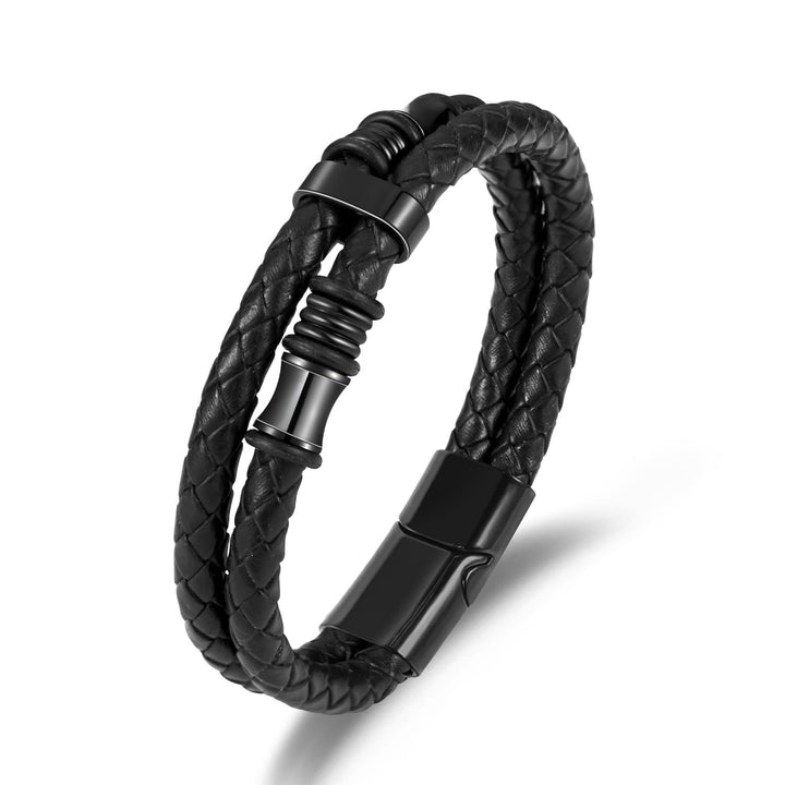 UAIAGM Mens Wrist Bracelet Cool Double Row Braided Leather Wristband with Black Metal Bands Stainless Steel Bracelets for Men Trendy Fashion Jewelry Accessories, S, Leather, no gemstone