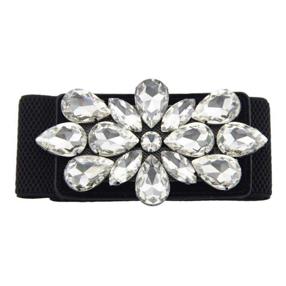 WedDecor Womens Elasticated Waist Belt with Diamante Rhinestone Fashion Accessory for Casual, Semi-Formal, Western Outfits, Black, 32 inches (80cm), 60mm Wide, Black