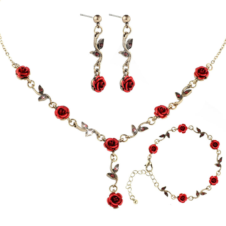 Yolev 3Pcs Set Red Rose Jewelry - Rose Flower Pendant Necklace, Bracelet Dangle Earrings.Bracelet Flower Jewelry Dangle Earrings Set For Valentine's Day Mother's Day Gifts Wedding Gifts