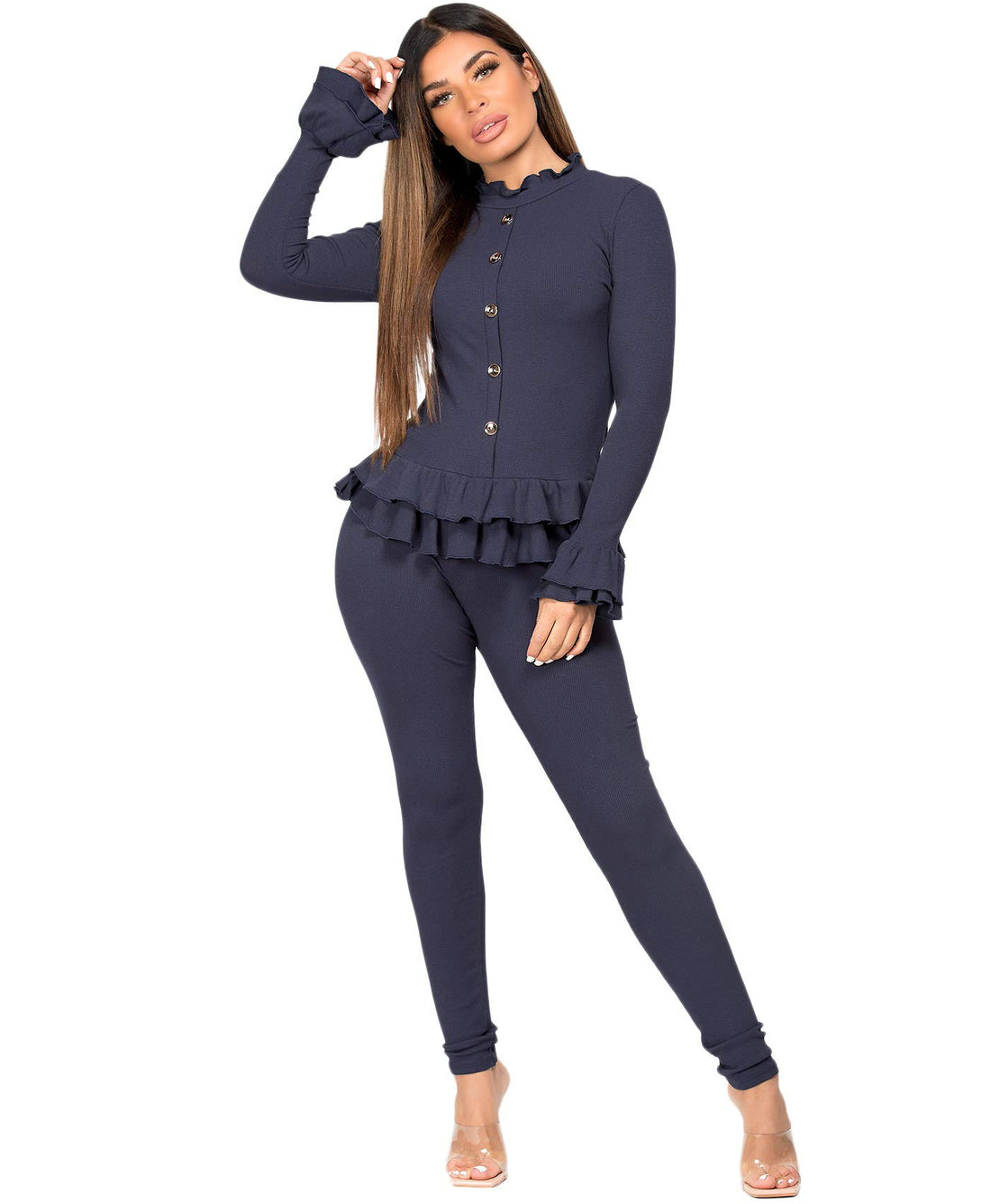 Lexi Fashion Women Ribbed Stretch Long Sleeve Loungewear Set Tracksuit Activewear Frill Ruffle Hem Peplum Gold Button Knit Fit 2 Pc Co-Ord Navy Size M/L