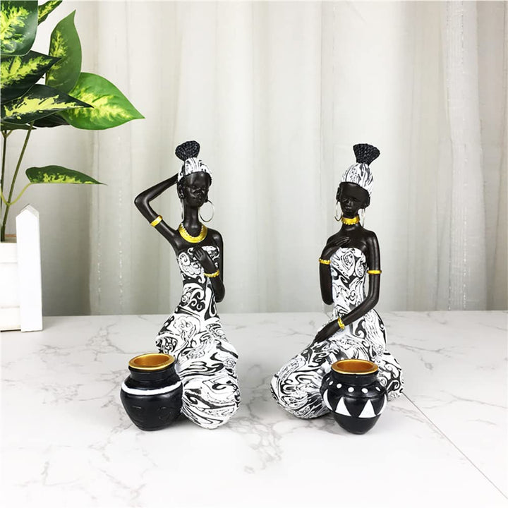 AKACIJA African Statues Art Sculptures Women Figure Girls Tribal Lady Figurine Black Women Home Decor Collectible Creative Vintage Gift Crafts (Black+White)