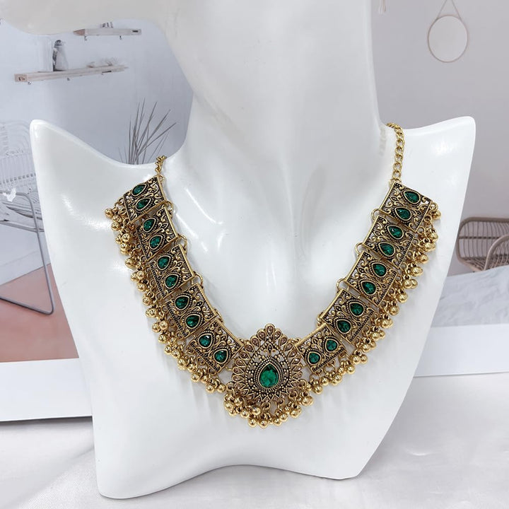 Indian Wedding Bridal Traditional Bohemian Jewellery Set for Women Girls Antique Ethnic Party Prom Wear Statement Necklace Earring Tassel Bollywood Choker Punk Crystal Fashion Gift for Bride (Green)