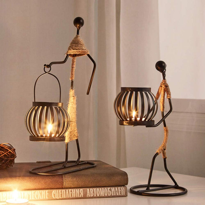 2Pcs Retro Black Iron Tea Light Candle Holders Vintage Candlestick Stand Little Girl Shaped with Hemp Rope Design