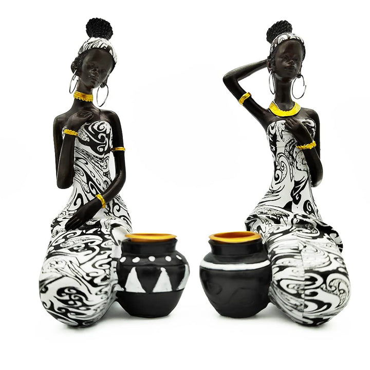 AKACIJA African Statues Art Sculptures Women Figure Girls Tribal Lady Figurine Black Women Home Decor Collectible Creative Vintage Gift Crafts (Black+White)