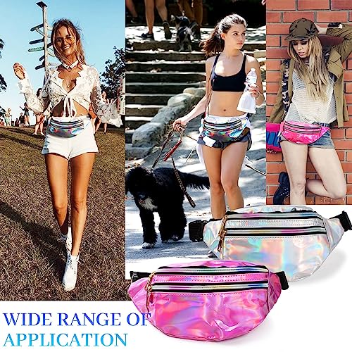 JunD 2 Pack Holographic Waist Bag, Fashion Waist Packs, Waterproof Fanny Pack Festival Accessories, 80s 90s Accessories Bumbags for Ladies for Festival Rave, Travel, Running, Hiking (Silver+Pink)