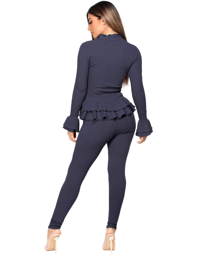 Lexi Fashion Women Ribbed Stretch Long Sleeve Loungewear Set Tracksuit Activewear Frill Ruffle Hem Peplum Gold Button Knit Fit 2 Pc Co-Ord Navy Size M/L