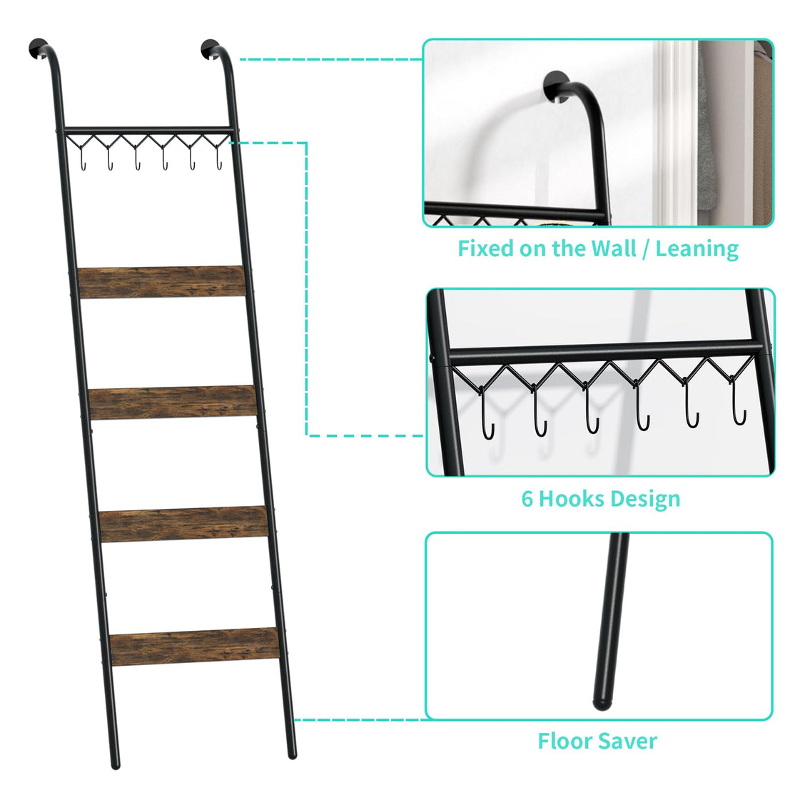 HapiRm Blanket Ladder Towel Rack - 5-Tier Blanket Rack with 6 Removable Hooks, Wall-Leaning Blanket Holder, Decorative Ladder Shelf for Living Room, Bedroom, Bathroom, Home Decor, Rustic Brown