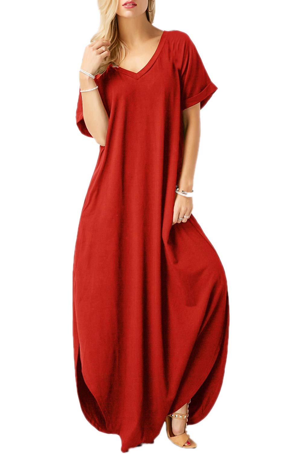 Fashion Star Womens V Neck Kaftan Side Split Maxi Dress Red Plus Size (UK 24/26)