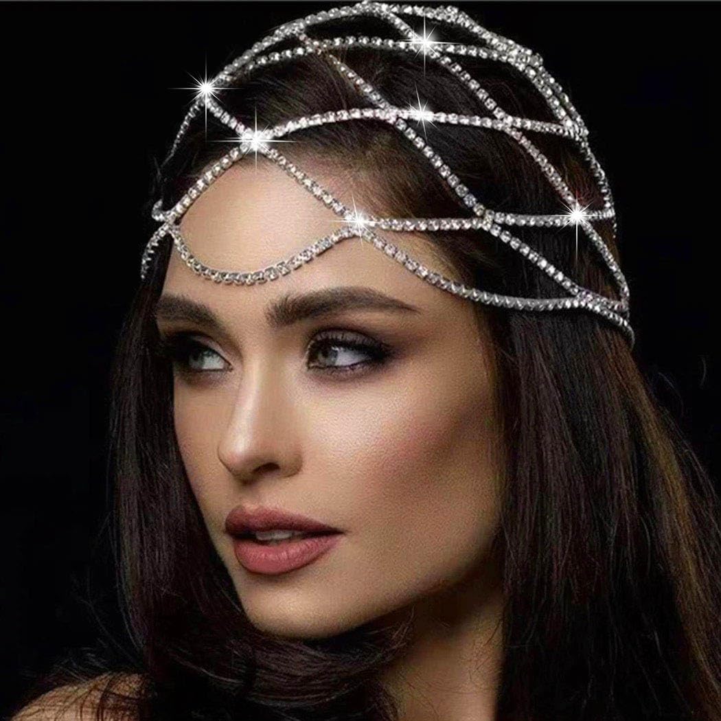 Fdesigner Rhinestone Head Chain Jewelry Silver Gatsby Cap Headpieces 1920s Flapper Headchain Belly Dance Cleopatra Women Hair Accessories