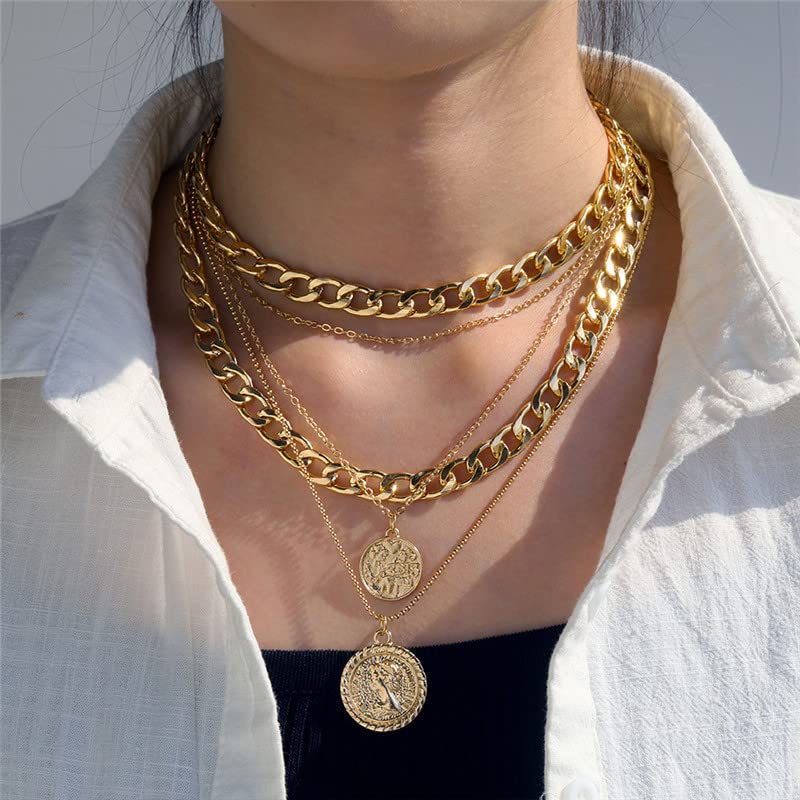 INENIMARTJ Chunky Gold Necklace for Women Gold Pirate Necklace Gold Layered Link Chain Choker Necklaces Punk 80s 90s Necklace Pirate Jewelry for Women Prom costume (A Coin)