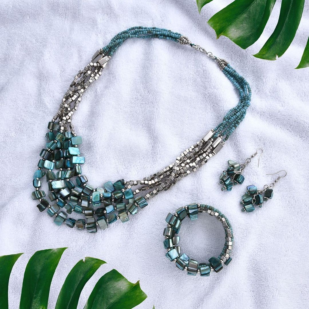 SHOP LC DELIVERING JOY Long Necklaces for Women Trendy Earrings & Beaded Bracelet Set - Summer Beach Jewelry Sets Valentines Day Gifts - Blue