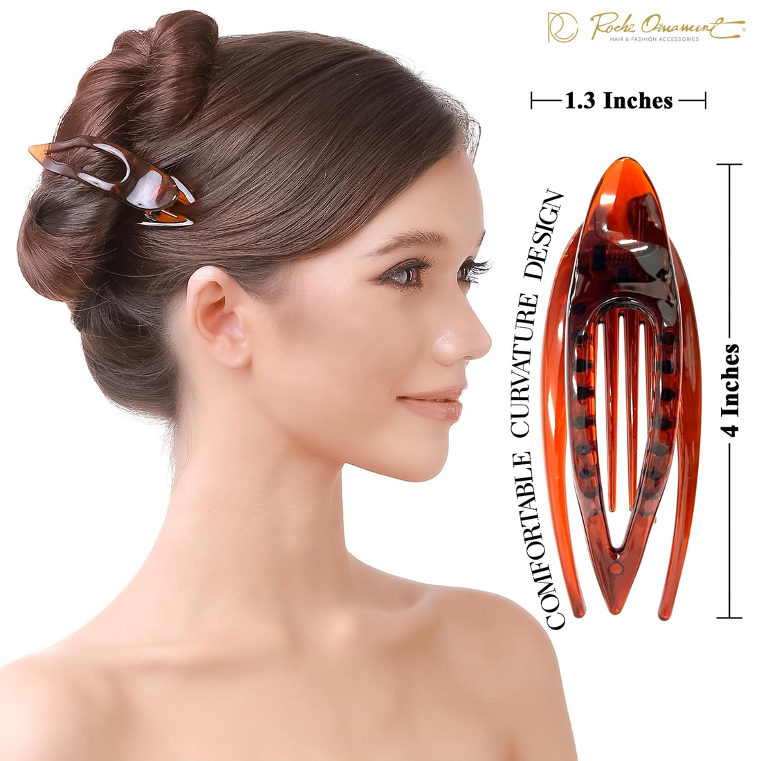 RC ROCHE ORNAMENT 2 Pcs Womens French Concord Curved Hair Clip No Slip Strong Grip Comfortable Hold Girls Ladies Beauty Accessory Fashion Pin Teeth Clamp, Medium Black and Brown