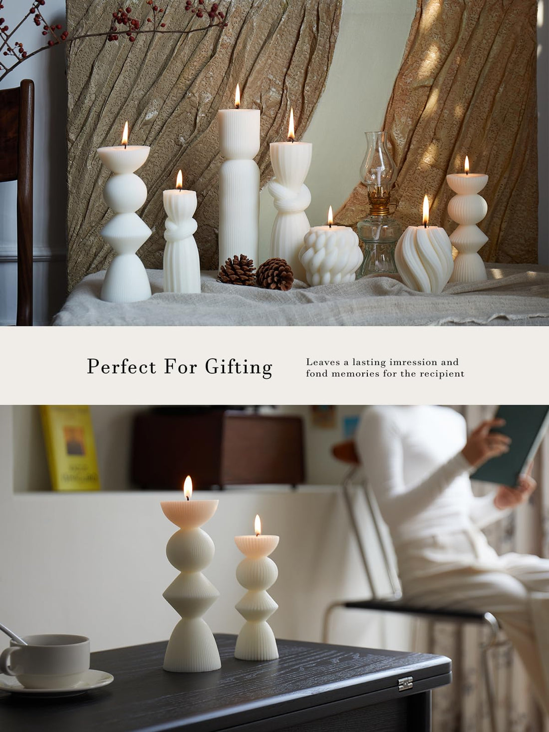 7 Pcs Large Pillar Candles Aesthetic Candle Modern Home Decor Ribbed Candles Set Beautiful Handmade Pillar Housewarming Gift Home Room Shelf Decor Idea Soy Wax (White)