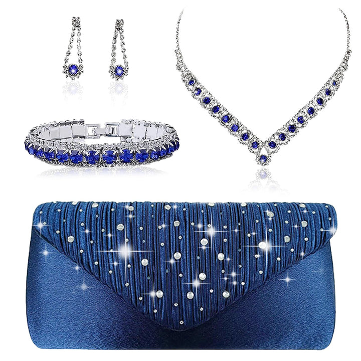 Zhixifan 4 Pcs Women Clutch Purse Jewelry Set, Formal Jewelry for Women Evening Wear, Purse Rhinestone Jewelry Set, Accessories for Women Wedding, Evening Party—Blue