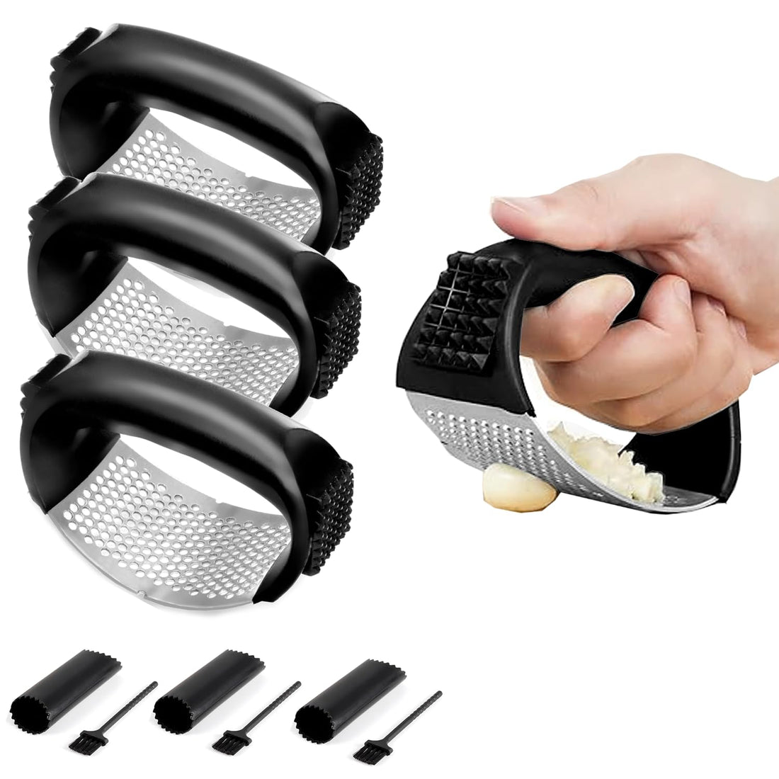 FATUXZ 3 PIECES Garlic Press Rocker Set，Stainless Steel Garlic Mincer Tool with Garlic Peeler and Cleaning Brush Kitchen Gadgets Essentials Garlic Chopper