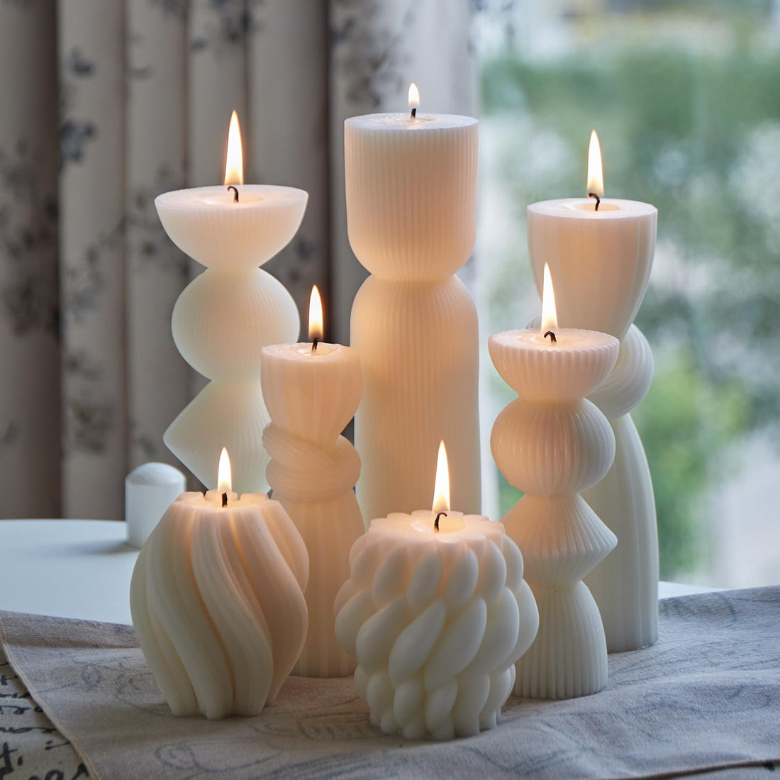 7 Pcs Large Pillar Candles Aesthetic Candle Modern Home Decor Ribbed Candles Set Beautiful Handmade Pillar Housewarming Gift Home Room Shelf Decor Idea Soy Wax (White)