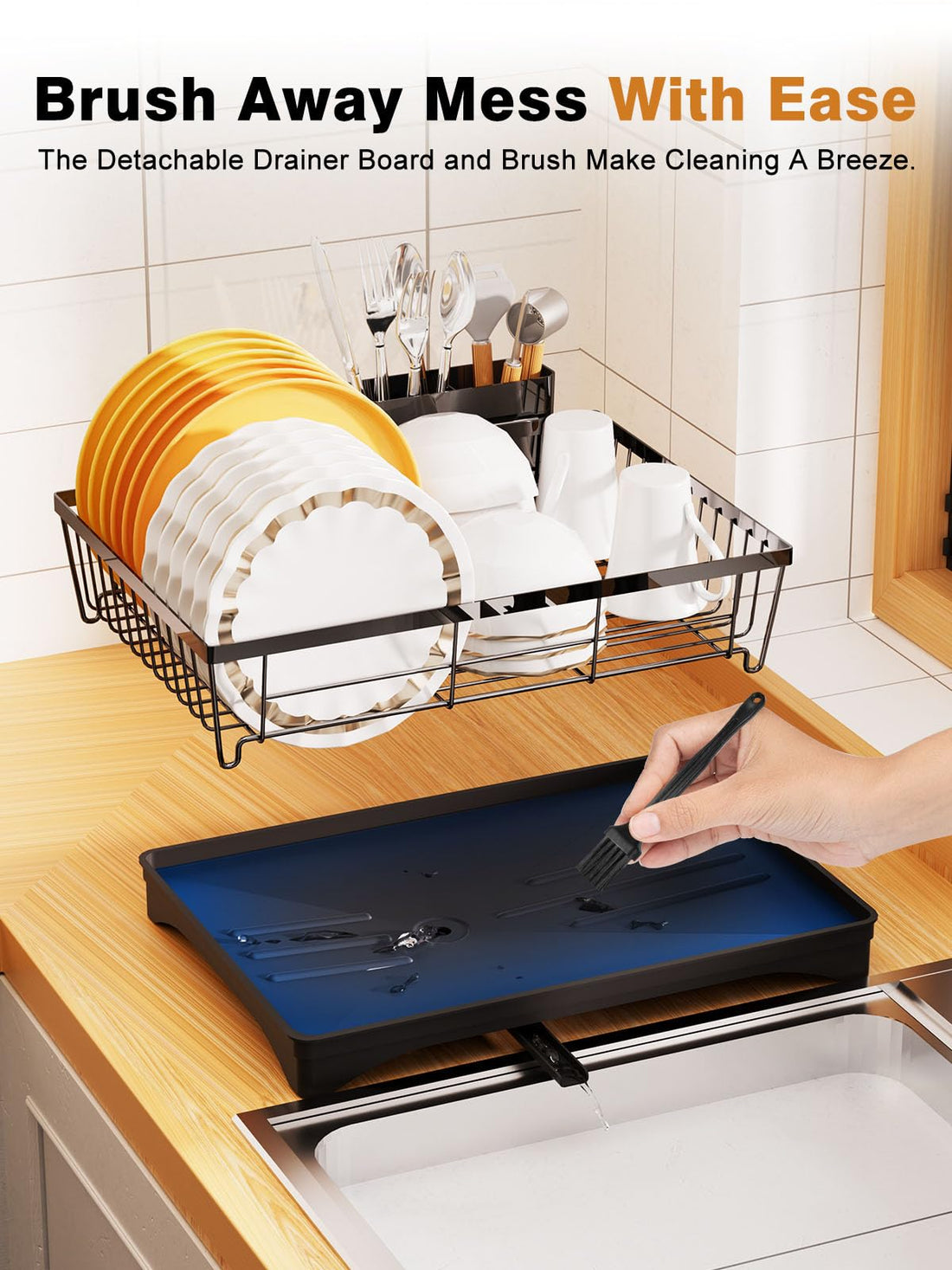 AIDIAM Dish Drying Rack for Kitchen Counter,Super Spacious&Compact Dish Rack,360° Rotary Spout, Cutlery/Tableware Holder,Rustproof Organizer Shelf with Drainboard,Black Sink Utensil Holder