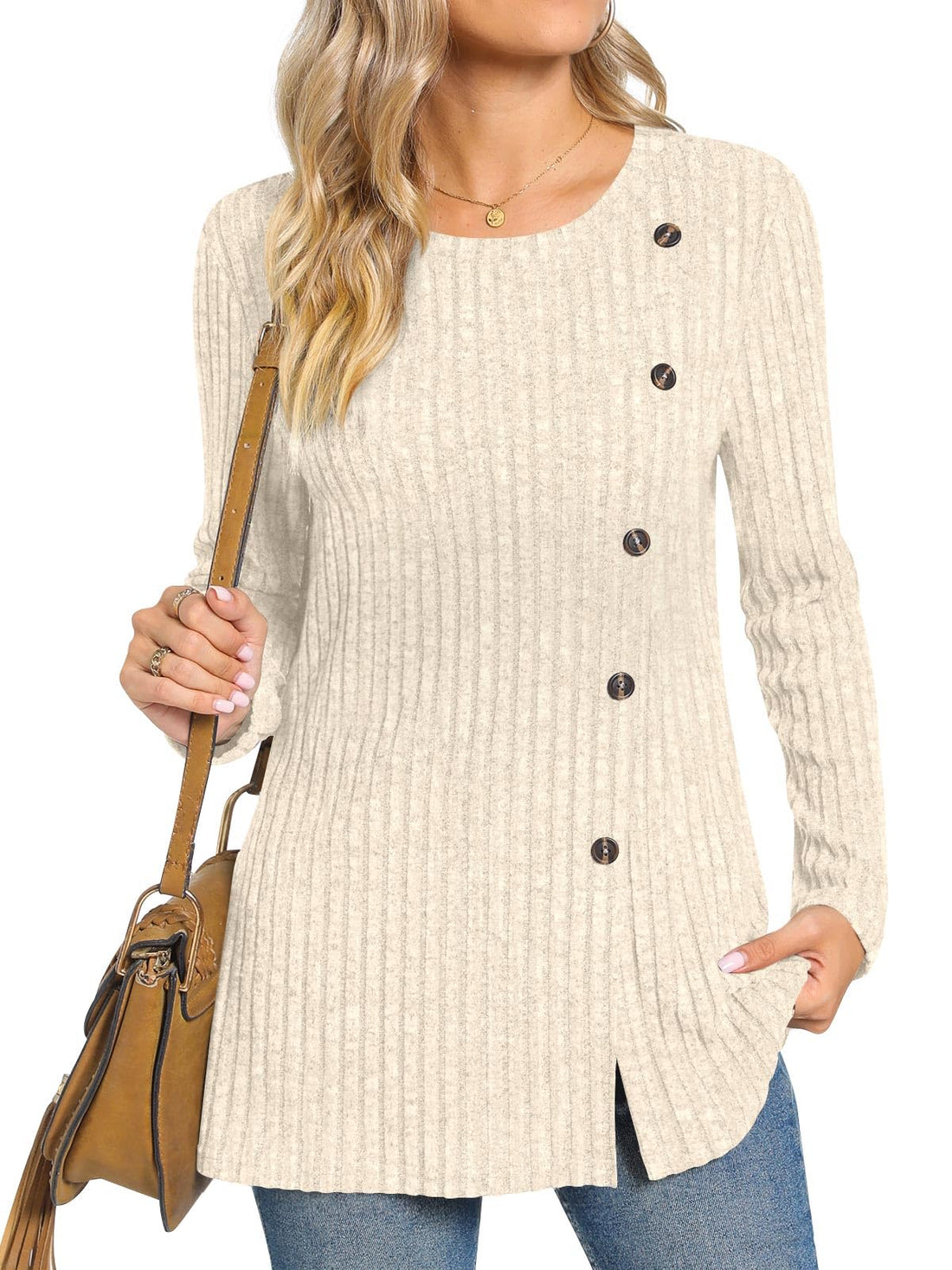 TAOHUADAO Women's Long Sleeve Jumpers Crewneck Tunic Tops with Button Sides Loose Casual Fall Sweater Shirts for Leggings L, Beige