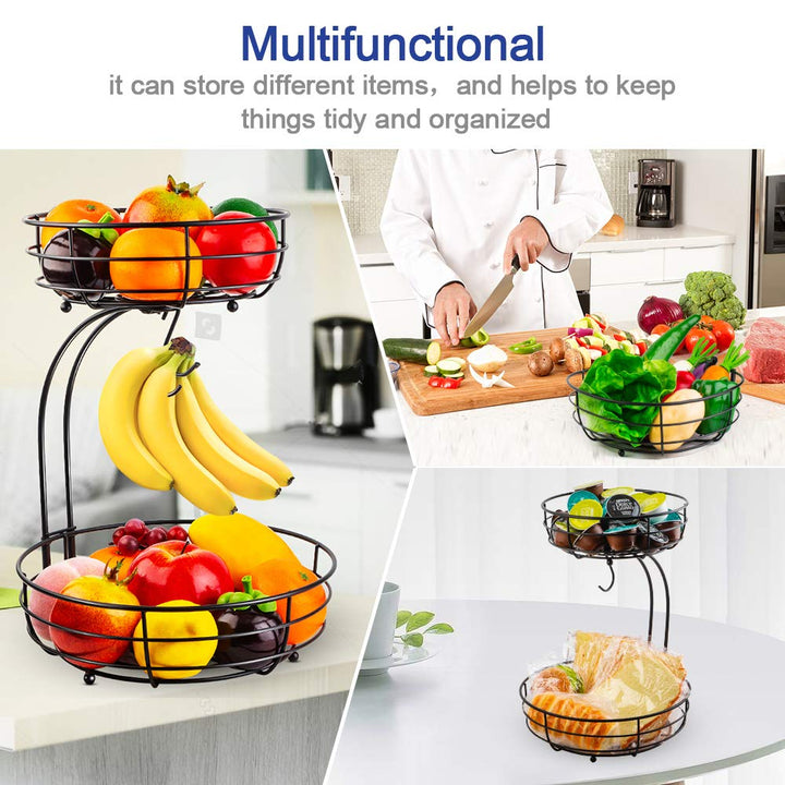 Auledio Iron 2-Tier Countertop Fruit Vegetables Basket Bowl Storage With Banana Hanger, Black, 64 ounces