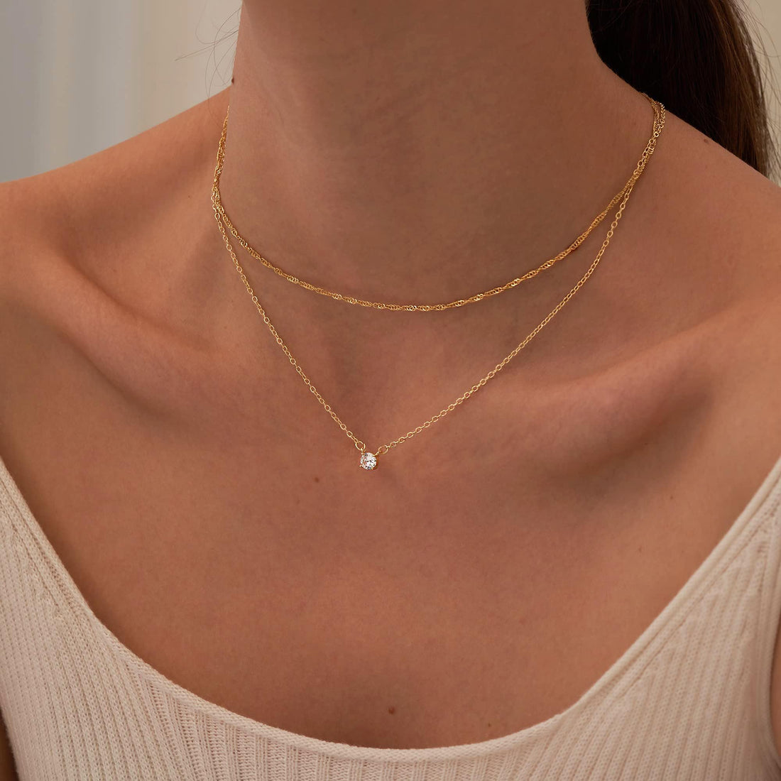 Tewiky Gold Necklace, Dainty Gold Layered Gold Plated Diamond Necklaces Simple CZ Solitaire Pendant Necklace Cute Gold Cubic Zirconia Chain Choker for Women Trendys Gold Jewelry Gift