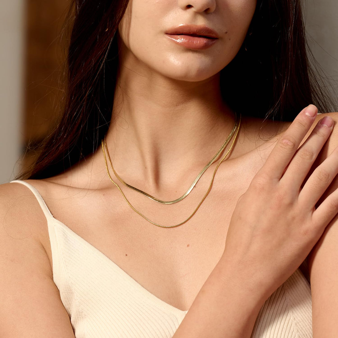 CHESKY Layered Necklace for Women, Double Layer Snake Chain Necklace 14k Gold Plated Layering Herringbone Necklace Gold Chunky Thick Chain Choker Necklace Gifts