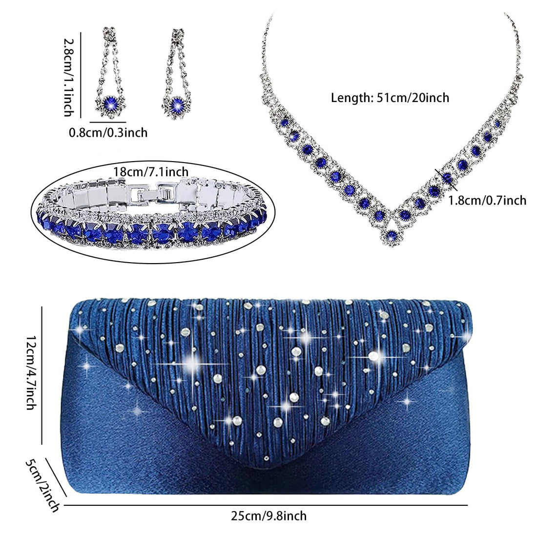 Zhixifan 4 Pcs Women Clutch Purse Jewelry Set, Formal Jewelry for Women Evening Wear, Purse Rhinestone Jewelry Set, Accessories for Women Wedding, Evening Party—Blue