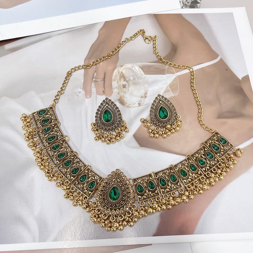 Indian Wedding Bridal Traditional Bohemian Jewellery Set for Women Girls Antique Ethnic Party Prom Wear Statement Necklace Earring Tassel Bollywood Choker Punk Crystal Fashion Gift for Bride (Green)