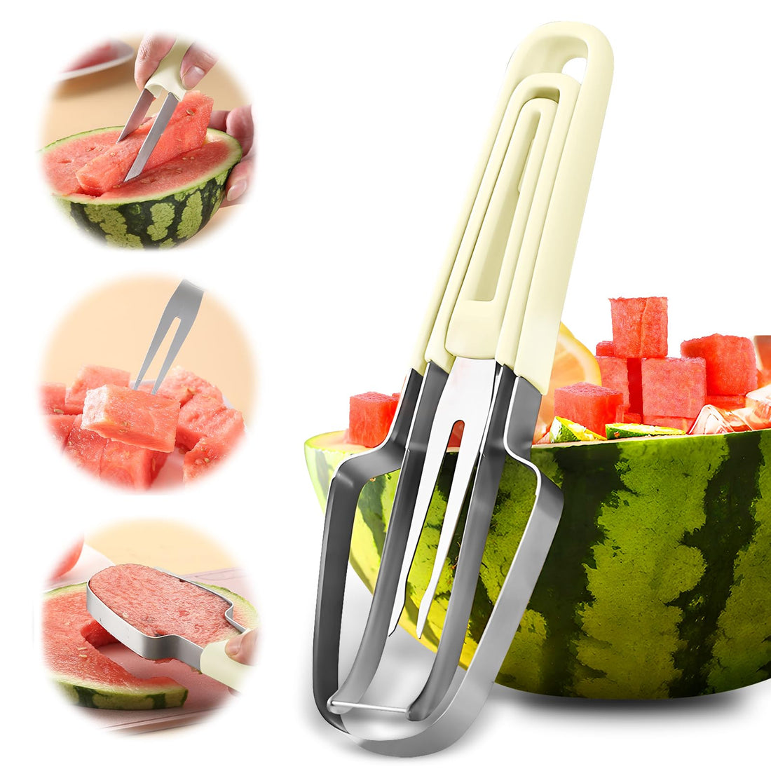 Banyaa Watermelon Cutter Slicer Tool, 3-in-1 Watermelon Fork Slicer Cutter, Stainless Steel Watermelon Popsicle Cutter, Multi Watermelon Slicer Melon Cutter for Camping Kitchen Gadgets (Off white)