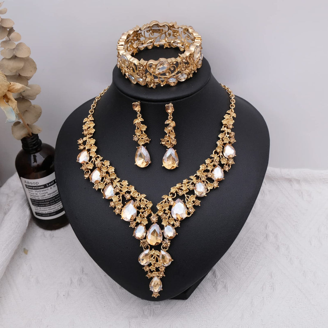 CSY Elegant Crystal Costume Jewelry Sets Flower Bridal Necklace Earrings Stretch Bangle Set for Bride Bridesmaid Wedding Dress Accessories (champagne gold)