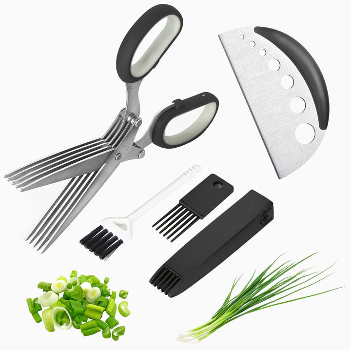 Herb Scissors Salad Scissors, Upgrade Herb Scissors with 5 Blades and Cover + 2 Brush, Kitchen Salad Scissors with Herb Stripping, Multi Scissors Herb Cutter, Smart Cutter Food Scissors Chopper, Black