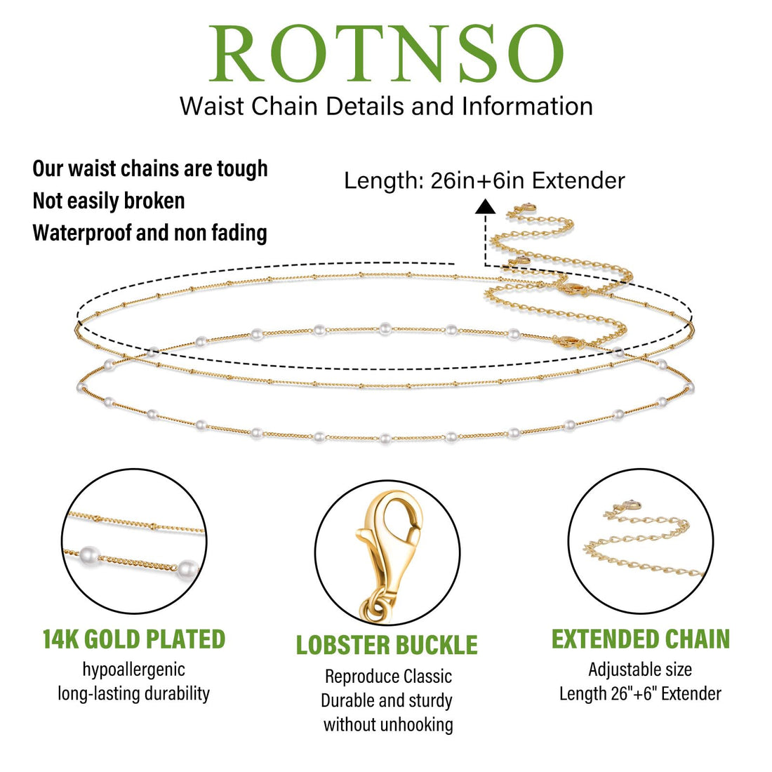 Rotnso 14K Gold Plated Body Chains Dainty Boho Layered Beach Waist Pearl Bead Chain Adjustable Bikini Belly Chain Jewelry Accessories for Women Sexy