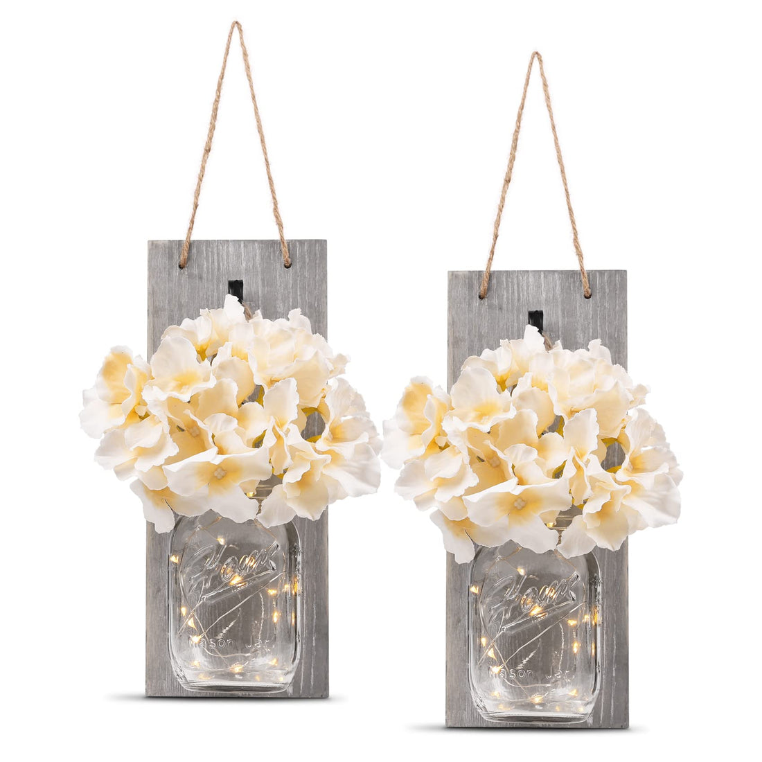 HOMKO Decorative Mason Jar Wall Decor - Rustic Wall Sconces with 6-Hour Timer LED Fairy Lights and Flowers - Farmhouse Home Decor (Set of 2)