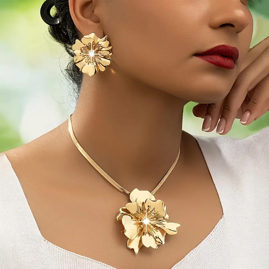 Gold Jewelry Sets for Women, Gold African Necklace and Earring Set Dainty Big Flower Statement Earrings Floral Choker Necklace Accessories Charms Prom Party Bridal Wedding Jewelry Gifts