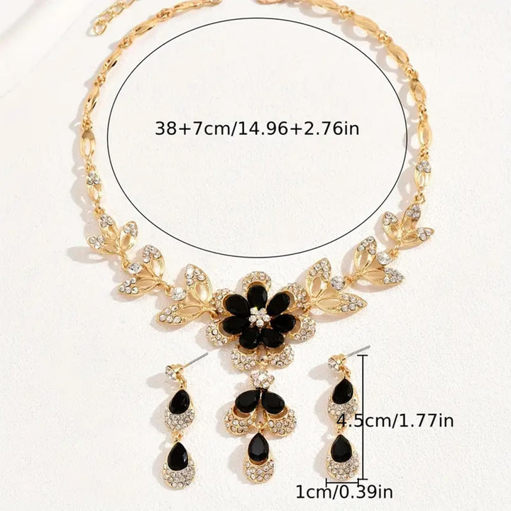 Gold Black Jewelry Sets for Women Trendy Prom Wedding Jewelry Set Black Gold Crystal Flower Necklace Earrings Set Sparkly Black Prom Dresses Formal Accessories Womens Christmas Gifts