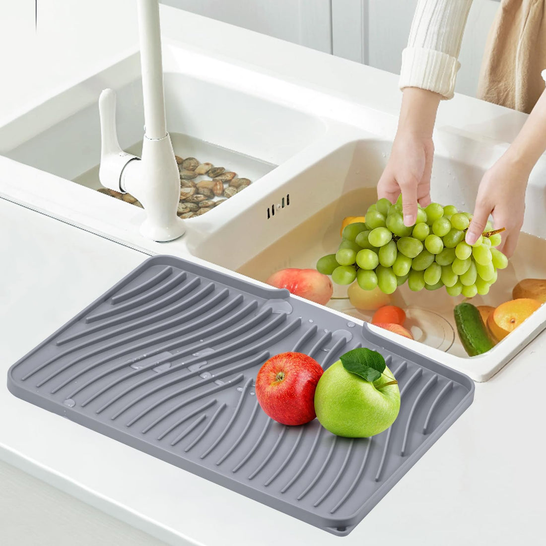 TIKNIK Silicone Dish Drying Mat for Kitchen Counter, Dish Drying Pad, Non-Slip Drain Pad with Built-in Drain, Heat Resistant Stone Drying Mat(15.8" x 13", Grey)